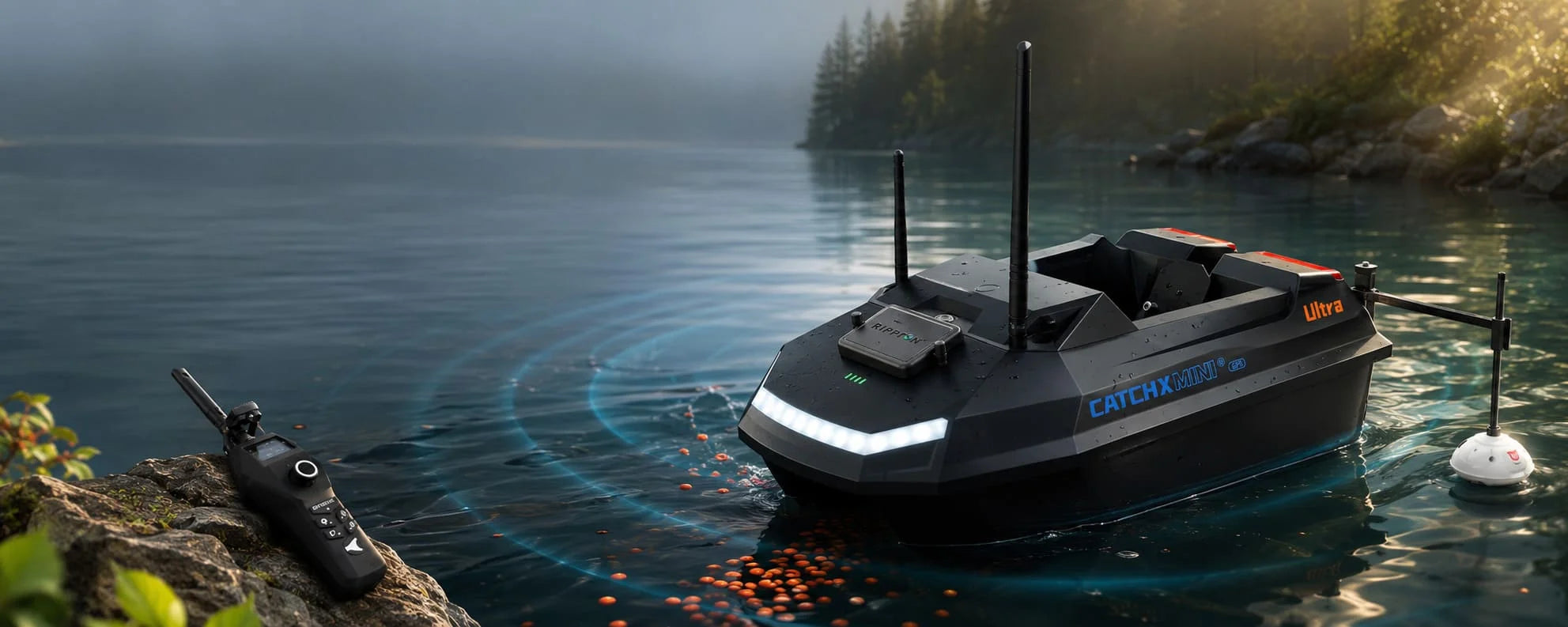 A black autonomous watercraft drone labeled 'CATCHING LIGHT' and 'UNIFY' floats on calm blue water, with a handheld controller on a rocky shore and glowing blue signal rings around it.